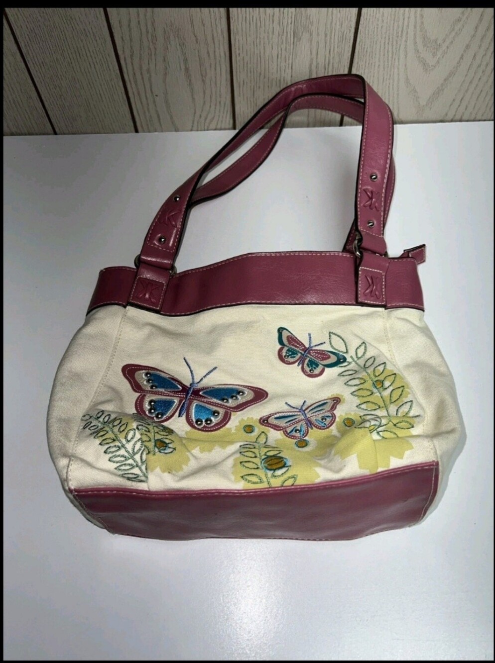 Rossetti Canvas Butterfly Tote Bag with Pink Trim Hippy Chic Embroidered Design